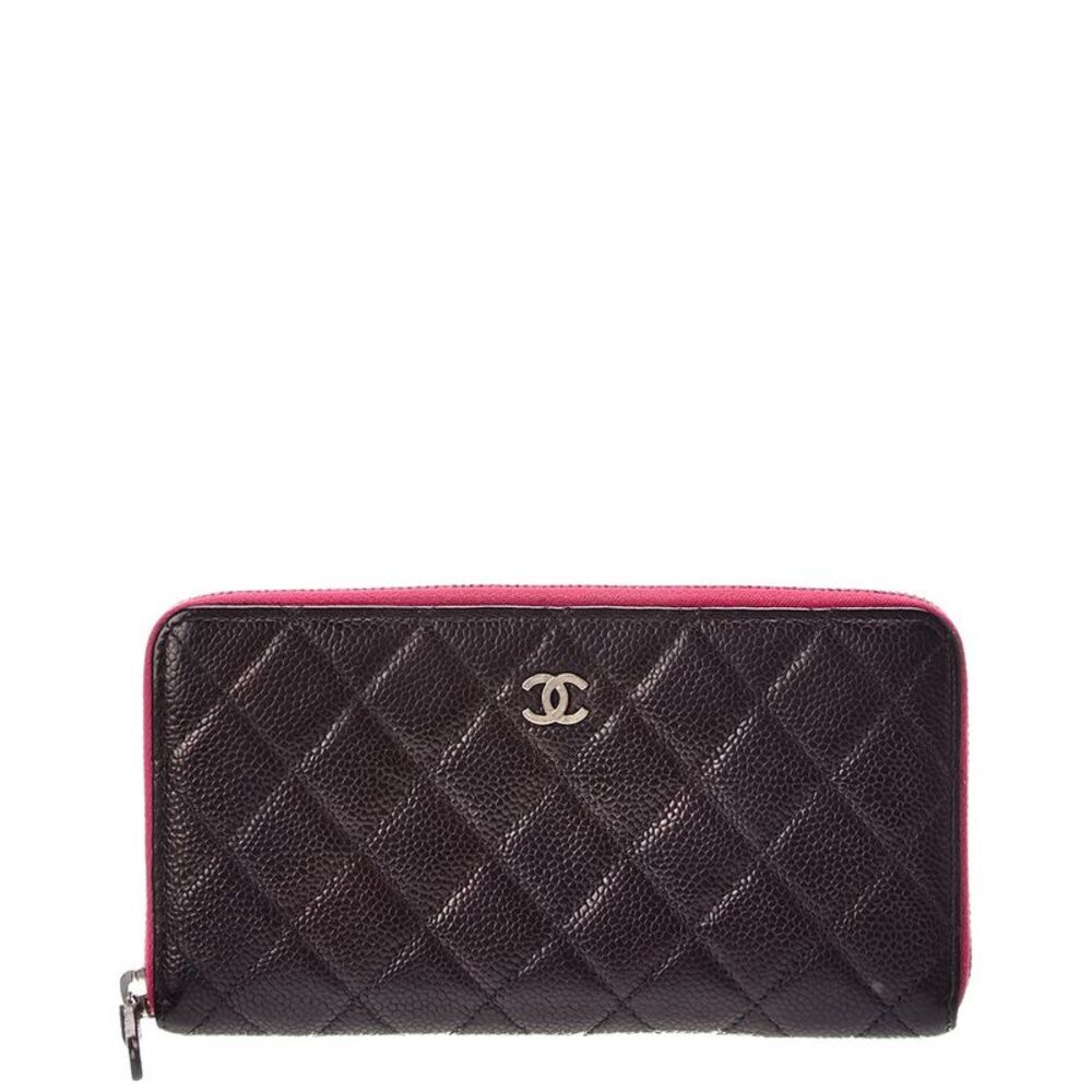 Chanel Black Pink Quilted Caviar Leather Large Gusset Zip Around Wallet